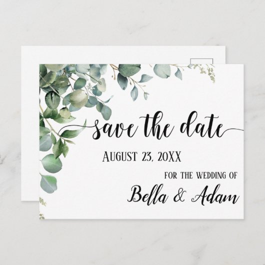 Carte Postale Mariage floral simple Eucalyptus Enregistrer la da (Devant / Derrière)