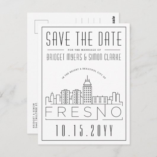Carte Postale Mariage Fresno | Skyline stylisée Enregistrer la d (Devant / Derrière)
