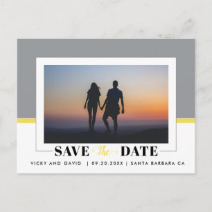Carte Postale Mariage gris et jaune Enregistrer la photo Date