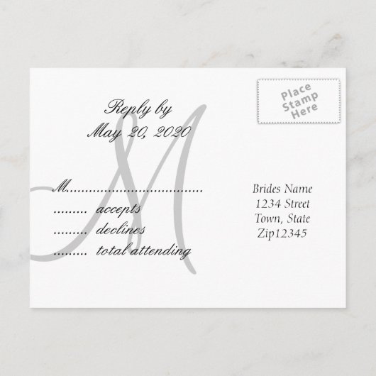 Carte postale Mariage gris noir RSVP (Dos)