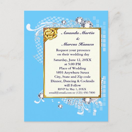 Carte Postale Mariage Image Cadre Or et Bleu Budget et Diamants (Devant)