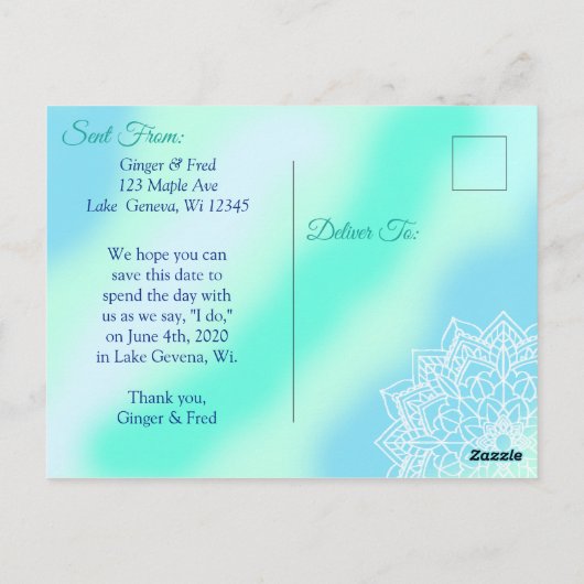 Carte Postale Mariage Mandala bleu et Turquoise Enregistrer la d (Dos)