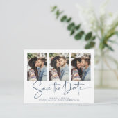 Carte Postale Mariage manuscrit bleu moderne Enregistrer la date (Debout devant)