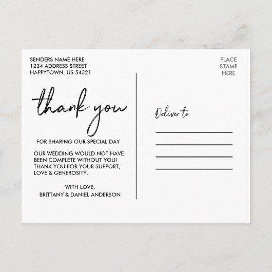 Carte Postale Mariage manuscrit de script d'amour et Merci (Dos)