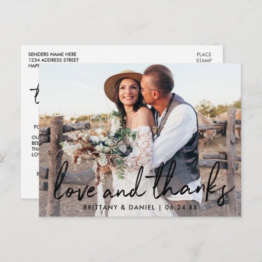 Carte Postale Mariage manuscrit de script noir amour et merci (Devant / Derrière)