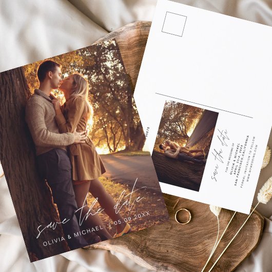 Carte Postale Mariage manuscrit Enregistrer la date Photo simple