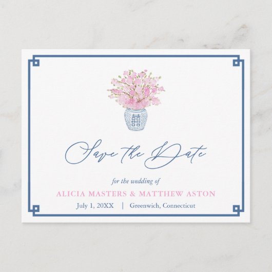 Carte Postale Mariage Marine Et Chinoiserie Rose Enregistrer La (Devant)