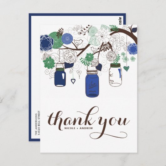 CARTE POSTALE MARIAGE MASON JARS BLEU & VERT MASON (Devant / Derrière)