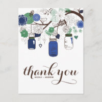 CARTE POSTALE MARIAGE MASON JARS BLEU & VERT MASON
