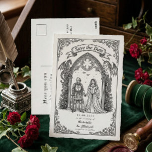 Carte Postale Mariage médiéval gothique Chevalier Date à retenir