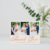 Carte Postale Mariage Merci 3 Photo Collage Bleu Or (Debout devant)