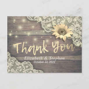 Carte Postale Mariage Merci Lace Tournesol Rustique Bois clair