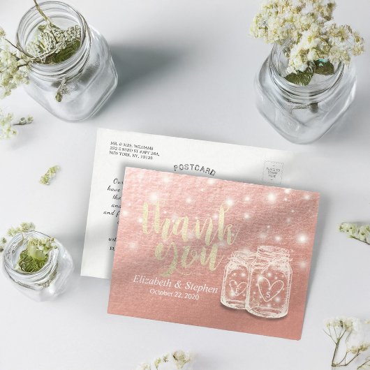 Carte Postale Mariage Merci Mason Jar String Rose or