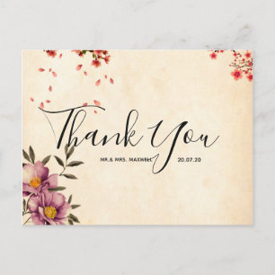 Carte postale mariage Merci romantique Floral Scri