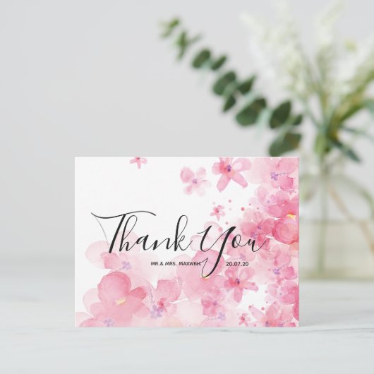 Carte postale mariage Merci rose Aquarelle Script (Debout devant)