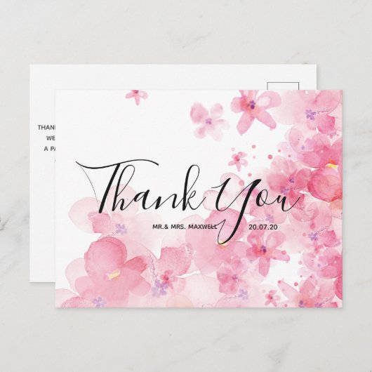 Carte postale mariage Merci rose Aquarelle Script (Devant / Derrière)