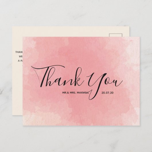 Carte postale mariage Merci rose Aquarelle Script (Devant / Derrière)