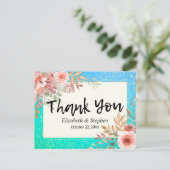 Carte Postale Mariage Merci rose Fleurs Turquoise or Confetti (Debout devant)