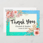 Carte Postale Mariage Merci rose Fleurs Turquoise or Confetti (Devant / Derrière)