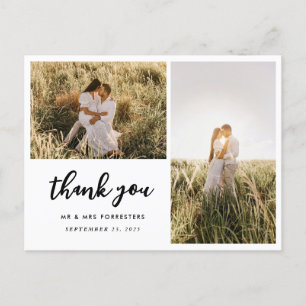 Carte Postale Mariage Merci Script élégant Deux photos