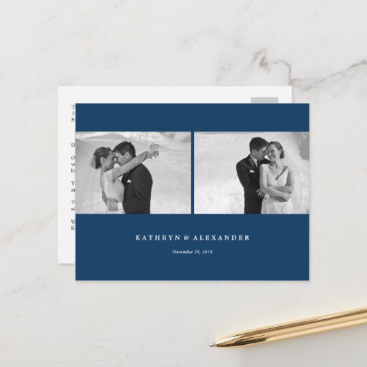 Carte Postale Mariage Merci simple bleu propre 2 Photo (Devant/Arrière en situation)