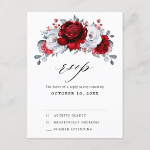 Carte Postale Mariage métallique Royal Rouge Blanc Argent RSVP