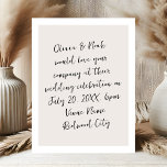 Carte Postale Mariage minimaliste moderne de script<br><div class="desc">Fêtez l'amour avec nous ! Notre faire-part de mariage capture l'essence de la romance avec tout le texte magnifiquement écrit dans le style manuscrit moderne. Chaque mot danse à travers la page, vous invitant à nous rejoindre au moment où nous commençons notre voyage ensemble. Des voeux sincères à la joyeuse...</div>