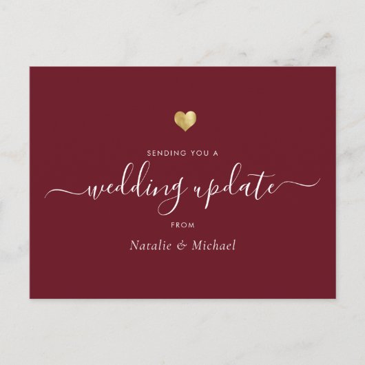 Carte Postale Mariage Mise à jour Élégant Script Gold Heart Bour (Devant)