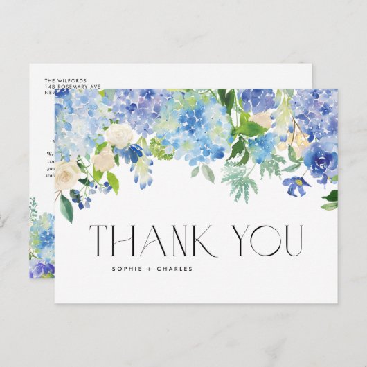 Carte Postale Mariage moderne Blue Hydrangea Fleurs Merci (Devant / Derrière)