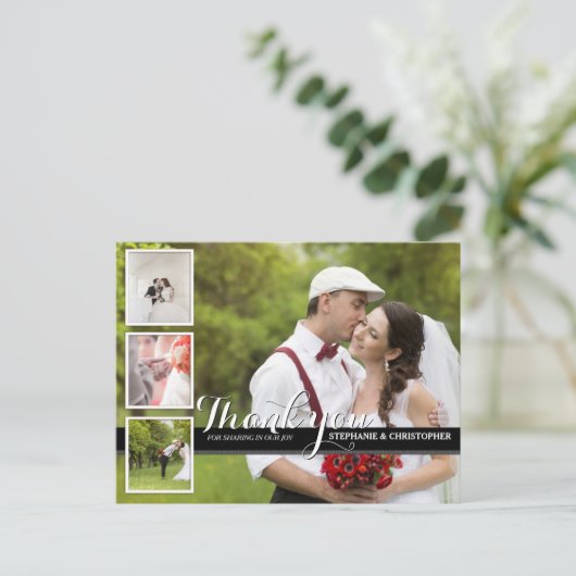 Carte postale Mariage moderne Cursive Photo Merci (Debout devant)