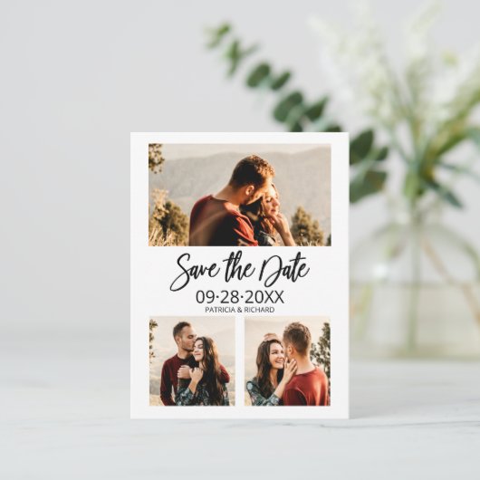 Carte Postale Mariage moderne Enregistrer La Date 3 Photo Collag (Debout devant)