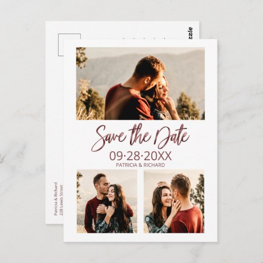 Carte Postale Mariage moderne Enregistrer La Date 3 Photo Collag (Devant / Derrière)