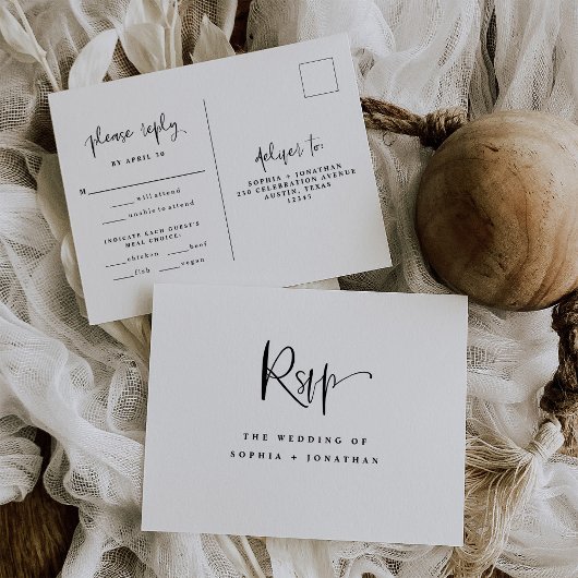 Carte Postale Mariage moderne noir et blanc | Choix de repas RSV