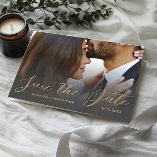 Carte Postale Mariage moderne photo noir et or Save the Date
