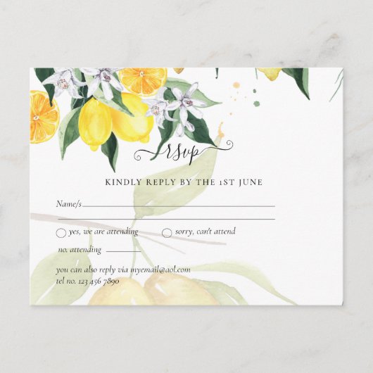 Carte Postale Mariage moderne RSVP Lemon Tree (Devant)