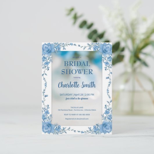 Carte Postale Mariage moderne tendance bleu chinoiserie (Debout devant)