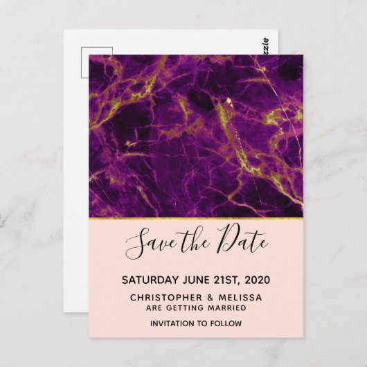 Carte Postale Mariage moderne violet et marbre d'or Enregistrer  (Devant / Derrière)