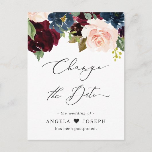 Carte Postale Mariage Modifier la date Burgundy Blush Navy Flora (Devant)