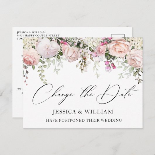 Carte Postale Mariage Modifier la date Elegant Blush Roses (Devant / Derrière)