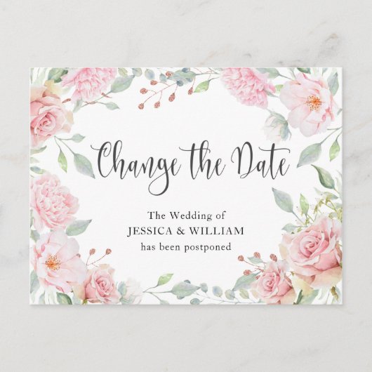 Carte Postale Mariage Modifier la date Elegant Blush Roses (Devant)