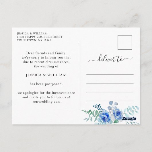 Carte Postale Mariage Modifier la date Roses bleus (Dos)