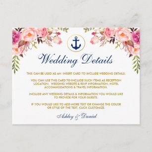 Carte Postale Mariage nautique Détails Floral Blue Insert Card P