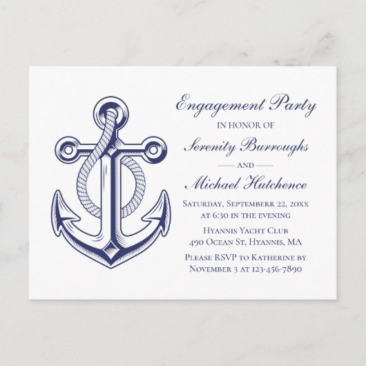 Carte Postale Mariage Nautique Marine Blue Ancre (Devant)