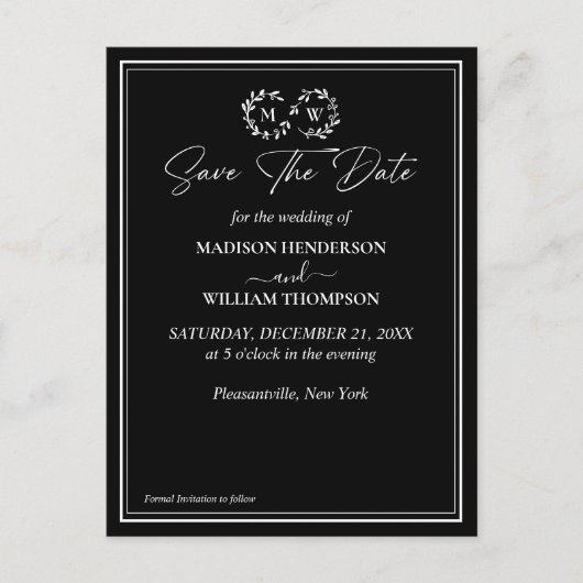 Carte Postale Mariage noir et blanc classique Enregistrer la dat (Devant)