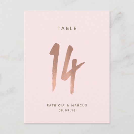 Carte Postale Mariage or Rose moderne Brush Numéro de tableau 14 (Devant)