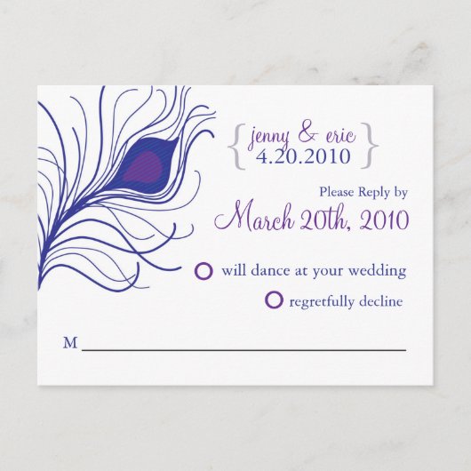 Carte postale Mariage Peacock RSVP bleu violet (Devant)