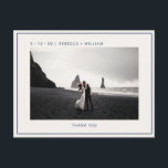 Carte Postale Mariage photo bleu ivoire Merci<br><div class="desc">Personnalisé simple bleu marine Stylish Modern Cool ivoire Photo Mariage Photo Cartes postales avec police sans-serif élégante et minimaliste, photo personnalisée, noms de couple, adresse de l'expéditeur, date et emplacement du mariage, lien du site pour l'invitation à suivre, arrière - plan entièrement personnalisable et une audacieuse, cool image noire frontière...</div>