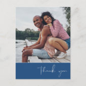 Carte Postale Mariage Photo Bleu Script Remerciement (Devant)