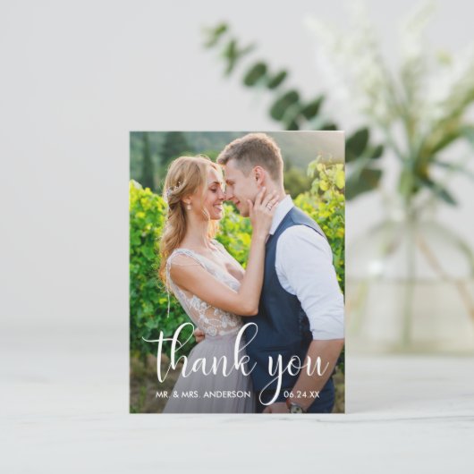 Carte Postale Mariage Photo Calligraphie Script Merci (Debout devant)