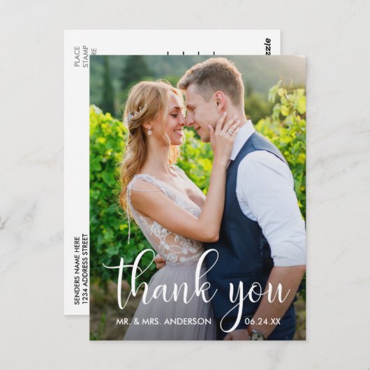 Carte Postale Mariage Photo Calligraphie Script Merci (Devant / Derrière)